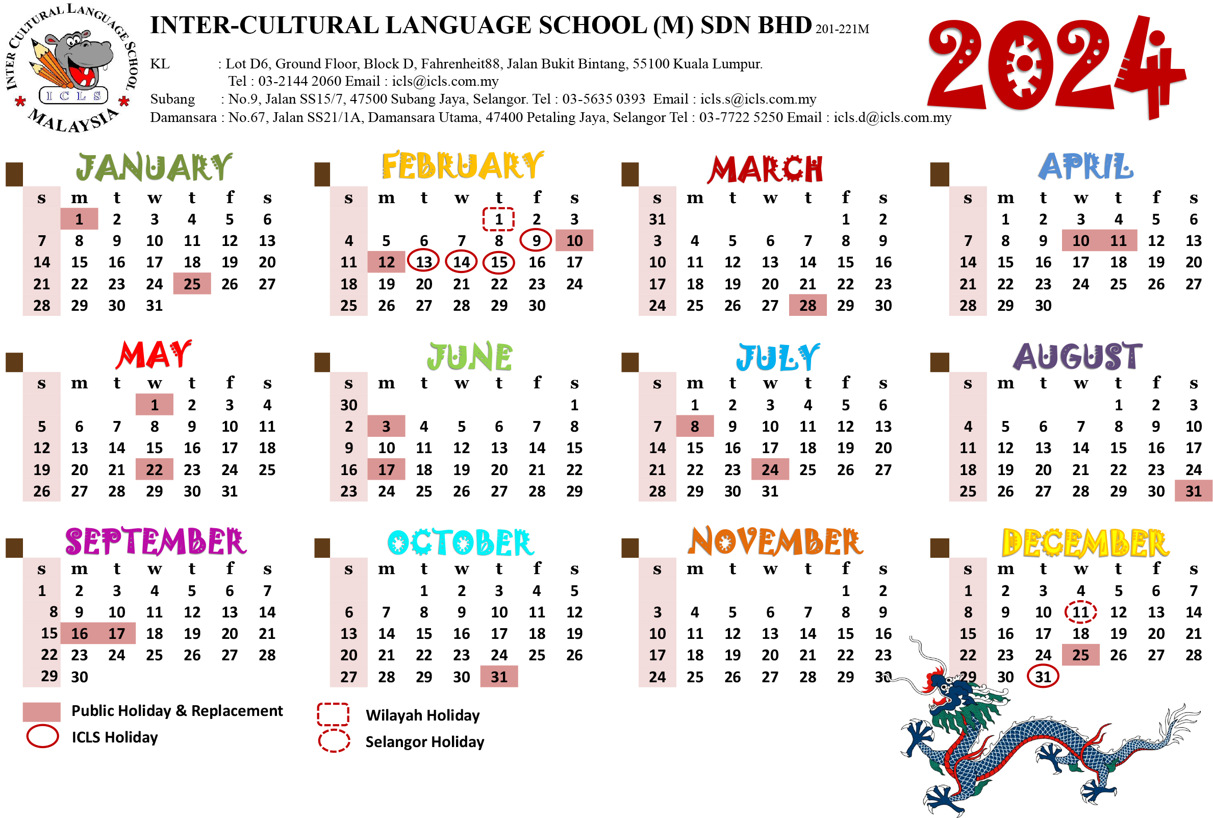 2024 Calendar classroom A3 ICLS InterCultural Language School